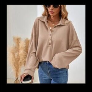 Shein Beige Henley waffle long sleeve top